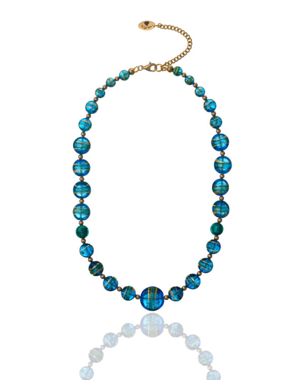 Murano necklace featuring blue and multicolored beads on a white background